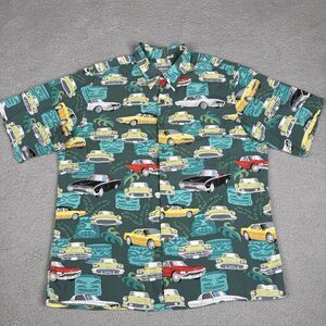 Reyn Spooner Shirt Mens L Green American Classics Cars Tiki Hawaiian Button Up